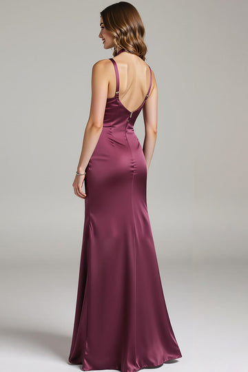 Burgundy Mermaid Satin Maxi Evening Dress With Slit